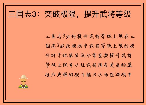 三国志3：突破极限，提升武将等级