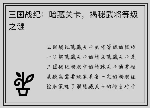 三国战纪：暗藏关卡，揭秘武将等级之谜